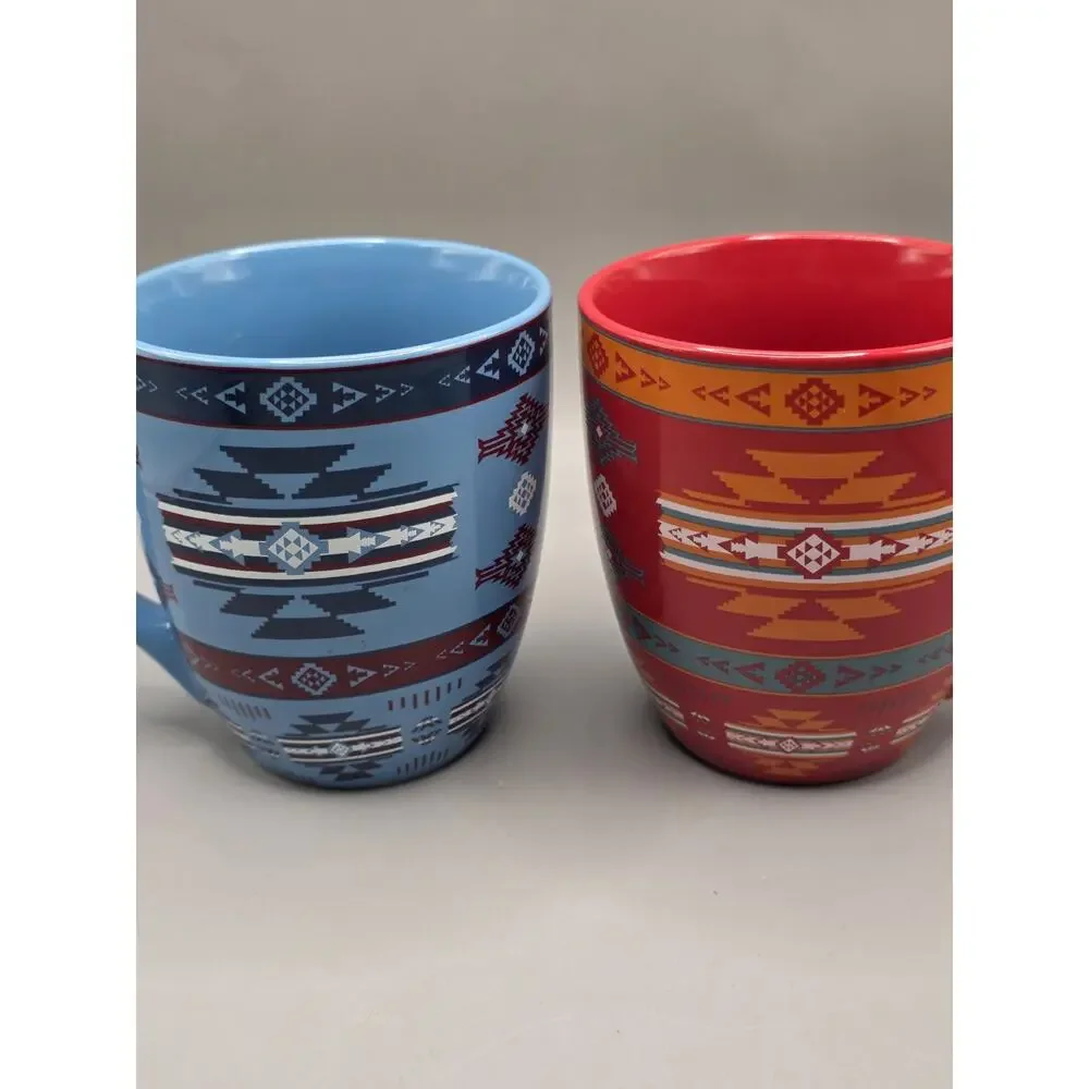 Lot of 2 NU TRENDZ Southwest Tribal Aztec Ceramic Coffee Mugs Blue Red 16oz